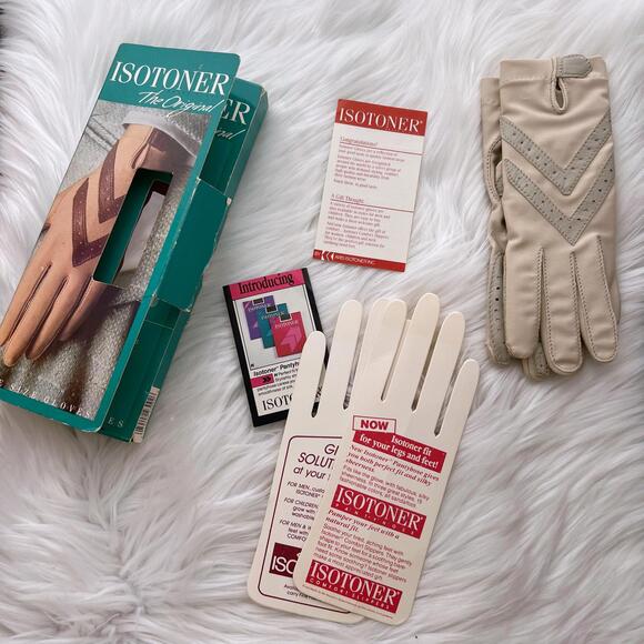 Vintage Isotoner Bone one size gloves leather trimmed stretch - Picture 4 of 7